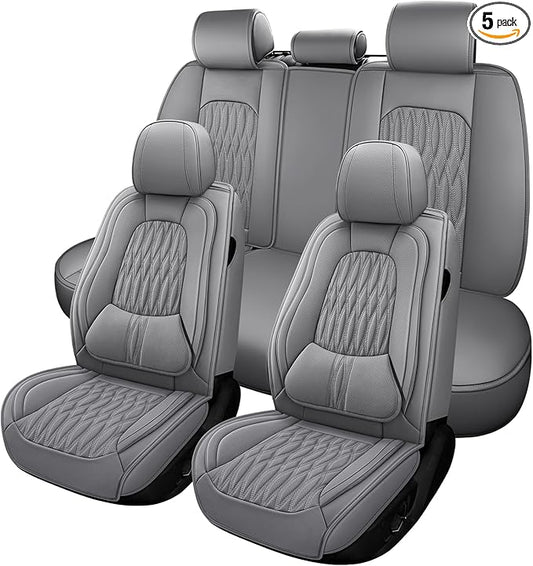 WELLDO Car Seat Covers Full Set, Leather Seat Covers for Car, Waterproof Car Seat Protector with Lumbar Support, Automotive Seat Covers Universal Fit for Most Cars SUV Truck,Gray,w02.