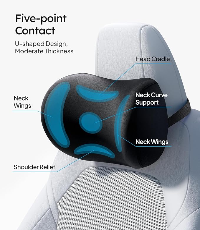 Wigoo 2026 Car Neck Pillow [No More Pressure, Odorless] Soft Car Headrest Pillow with Adjustable Strap Removable Cover 100% Memory Foam, Fits All Vehicles (Black 2-Pack)