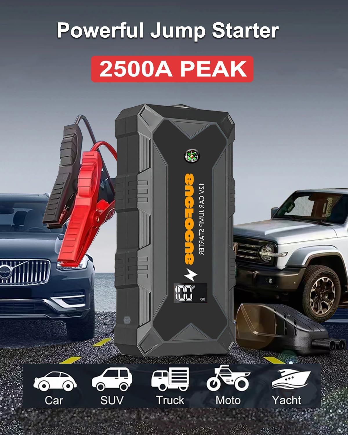 Jump Starter, 2500A Battery Jumper Starter Portable (for 8.0L Gas or 6.5L Diesel Engine), Car Battery Jump Starter, Jump Box, Jump Start Battery Pack with Jumper Cable, LED Light, USB QC3.0 (Black)