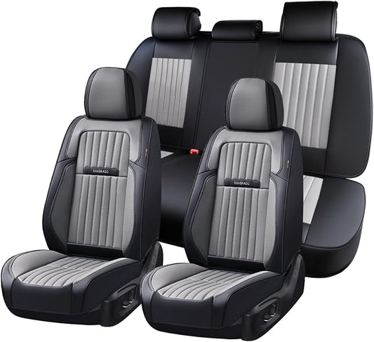 Coverado Car Seat Covers Full Set, Seat Covers for Cars, Car Seat Cover, Car Seat Protector, Leather Car Seat Cushion, Waterproof Car Seat Covers Front Seats and Back Fit for Most Cars(Black&Gray)