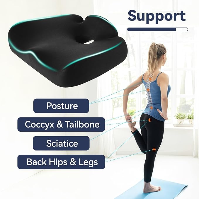 Ergonomic Memory Foam Seat Cushions for Office Chairs –Office Chair Cushion for Coccyx, Tailbone & Pressure Relief –Large Desk Chair Pad for Office, Gaming & Long Sitting,Washable Non-Slip Cover