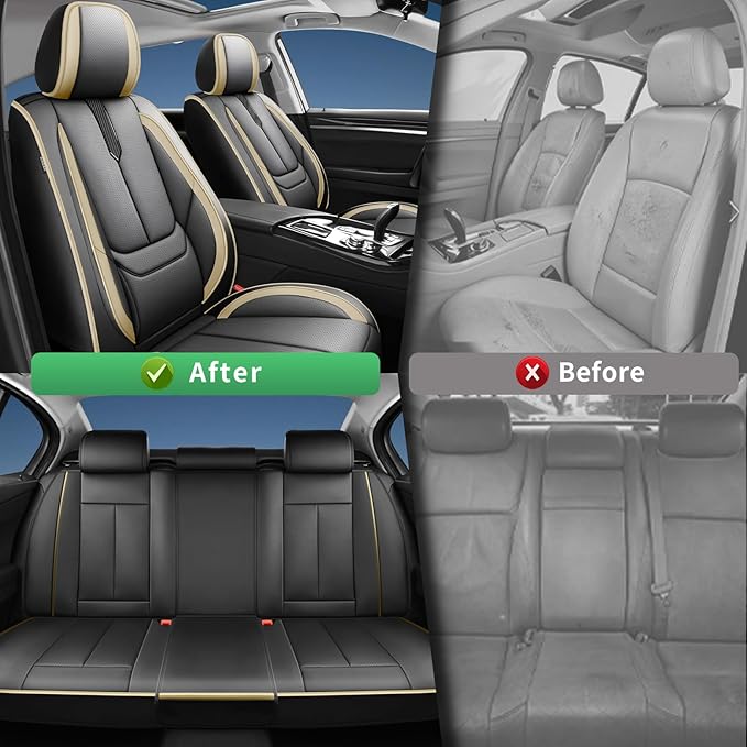 Fit Insight Car Seat Covers for Honda Insight 2010-2021 2022-Upgraded Premium Waterproof & Breathable Leather,Airbag Compatible,All-Weather Seat Cushion Protector,Full Set,Black-Beige