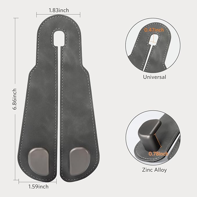 CoBak Headrest Hooks for Car - Universal Premium Stitched Leather and Aluminum-Magnesium Alloy Double Car Seat Back Storage Hook for Purses, Handbags, Bags (2 Pack),Gray