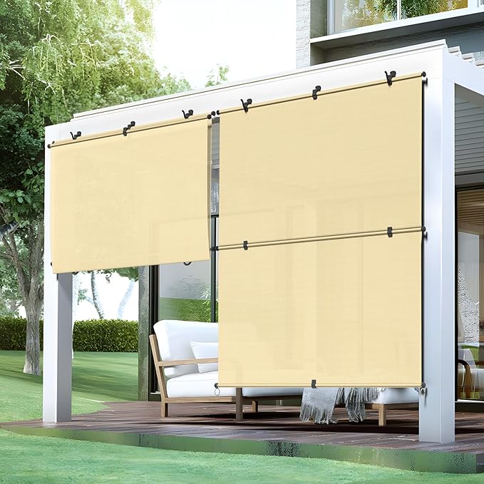 Bynbbur 7'W x 13'H Outdoor Patio Shades Foldable Roller Blinds, 220 GSM Sun Shade Roll Up Porch Screens Exterior Shade Cloth for Deck Pergola Backyard, Beige