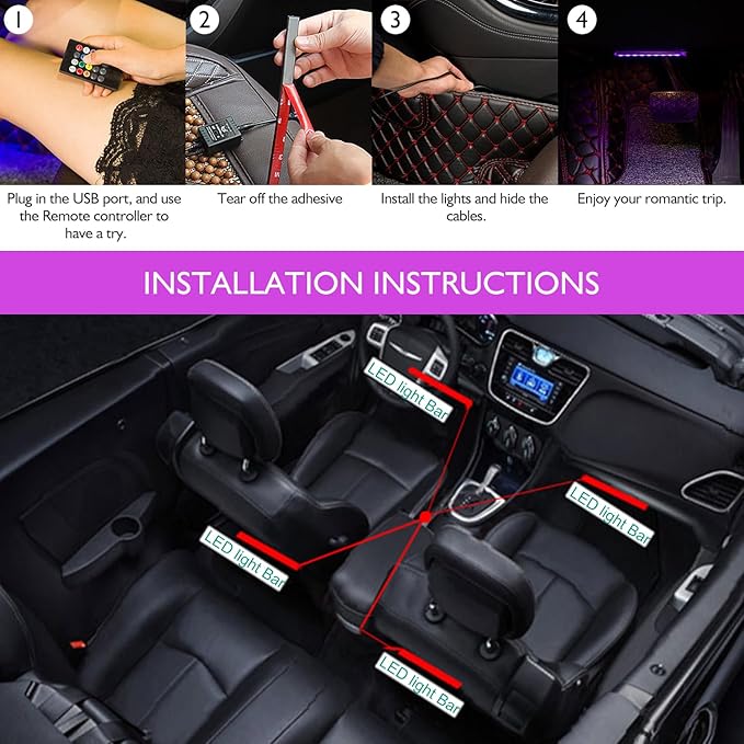Car LED Strip Lights Christmas, 4Pcs 48 LED Interior Lights, Multicolor Music Car Strip Light Under Dash Lighting Kit with Sound Active Function and Remote Controller, DC 5V