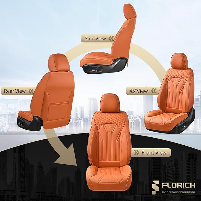 FLORICH Car Seat Covers Full Set Orange Seat Cover Front Seats and Back Leather Seat Covers for Cars Waterproof Car Seat Cushion Universal Car Seat Protector Fit for Most Cars Trucks SUVs