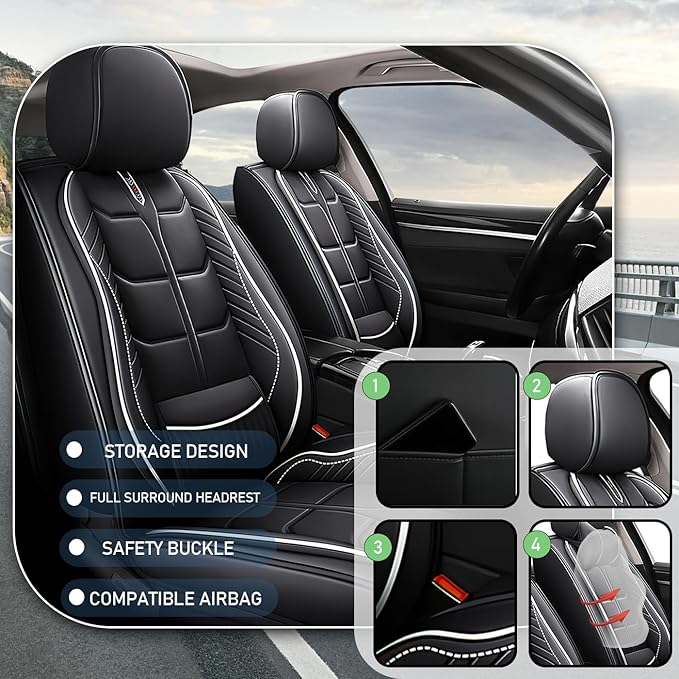 Leather Car Seat Covers Fit for Toyota Tacoma 2005-2024, 5 Seater Car Seat Cover, Premium Waterproof, Scratch Resistant Car Interior Accessories (Full Set Black White)