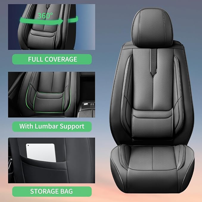 Fit Kona Car Seat Covers for Hyundai Kona 2018-2024 2025 2026 -Upgraded Premium Waterproof & Breathable Leather, Airbag Compatible, All-Weather Seat Cushion Protector,2 Front/Black