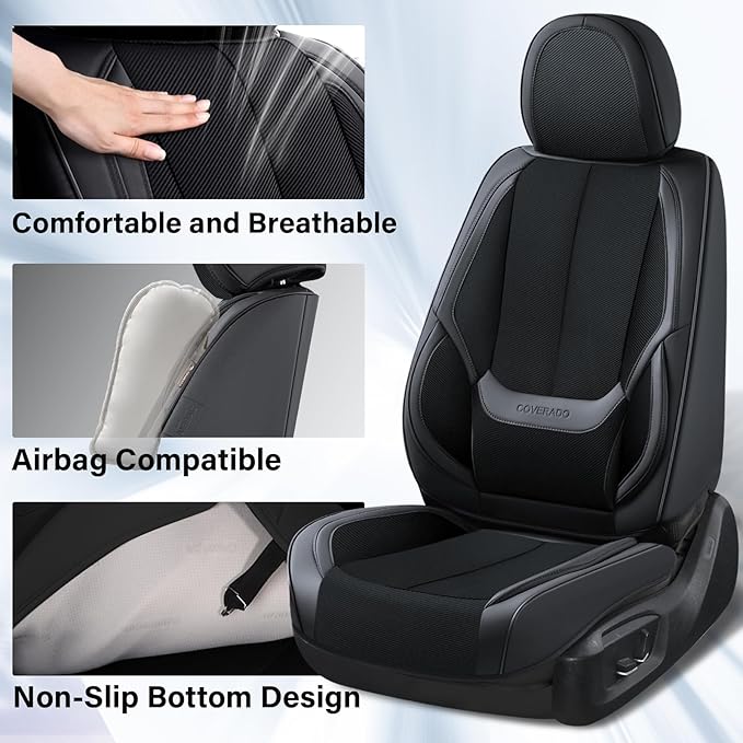 Coverado Front Seat Covers, 2 Pieces Universal Seat Covers for Cars, Breathable Fabric & Leather Car Seat Protectors, Car Seat Cushions Auto Accessories Fit for Most Sedans SUV Truck, Black