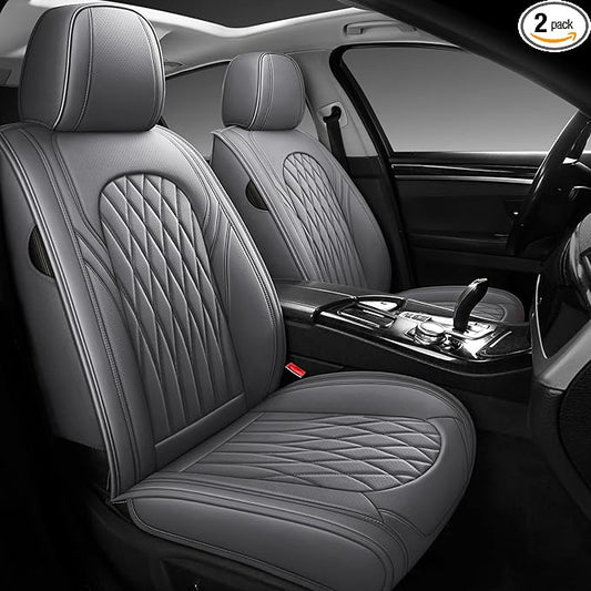 WELLDO Car Seat Covers Front Seats, Leather Seat Covers for Cars, Front Car Seat Protector Waterproof, Non-Slip Car Interior Covers Universal Automotive Seat Covers for Most Vehicle, Gray