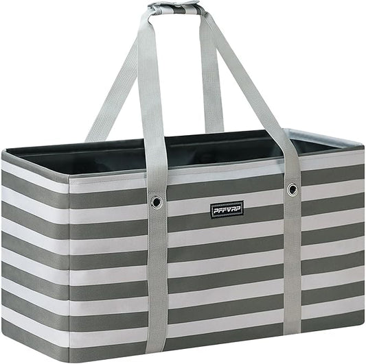 Stand Up Extra Large Utility Tote Bag, Foldable Reusable Grocery Bags with Metal Wire Frame & Reinforced Bottom Board, Large Utility Tote for Shopping, Car Trunk, Beach Bag (Grey)