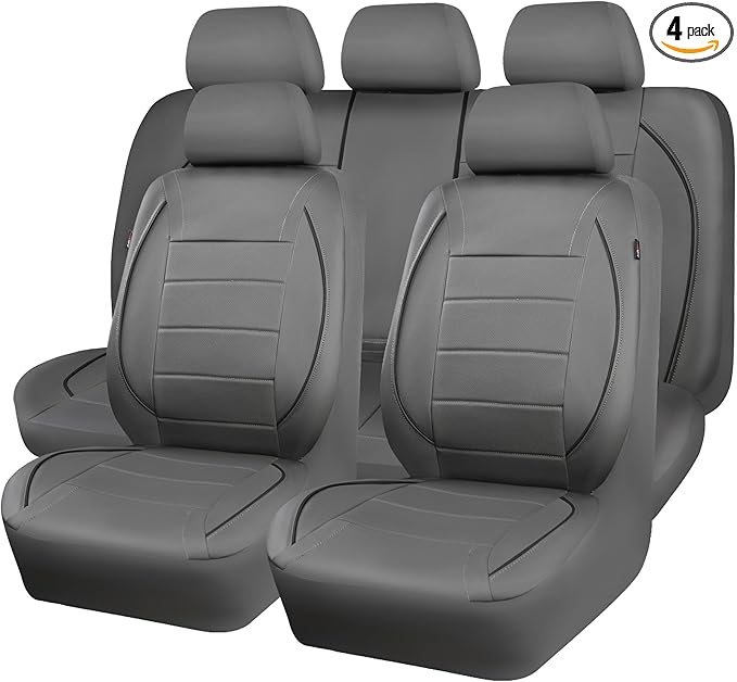 CAR PASS Piping Faux Leather Car Seat Cover Full Set,Grey Breathable Leather Seat Covers for Cars, Airbag Compatible,Universal Fit for SUVs,Van,Sedans,Small Trucks (Full Set, All Gray)