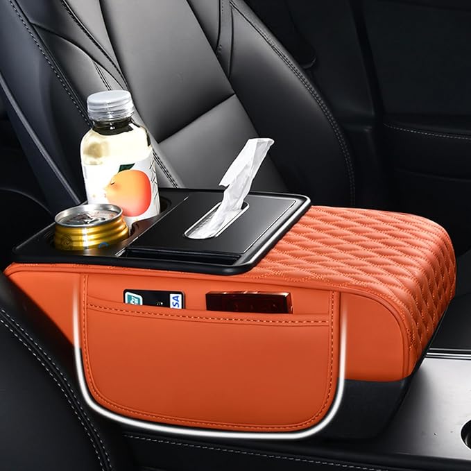 5-in-1 Car Armrest Pad Cushion, Water Ripple Embossed Center Console Booster Pad with Tissue Box, Cup Holder, Storage Bag, Phone Slot, Fit for Most Sedan Vehicles (Water Ripple Series, Beige)