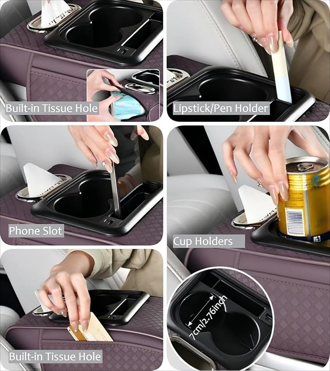 2026 Enhanced Car Center Console Armrest Cushion with USB& Type-C Charging, PU Leather Console Pad with Cup Holders, Storage& Tissue Outlet for Most Vehicles (Sloped Version, Grey)