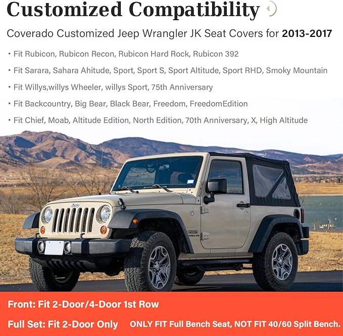 Coverado JK Seat Covers for Jeep Wrangler, Full Coverage Front Waterproof Leather for Cars Automotive Truck Custom Fit for 2013-2017 Jeep Wrangler 2-Door/4-Door (Blue)