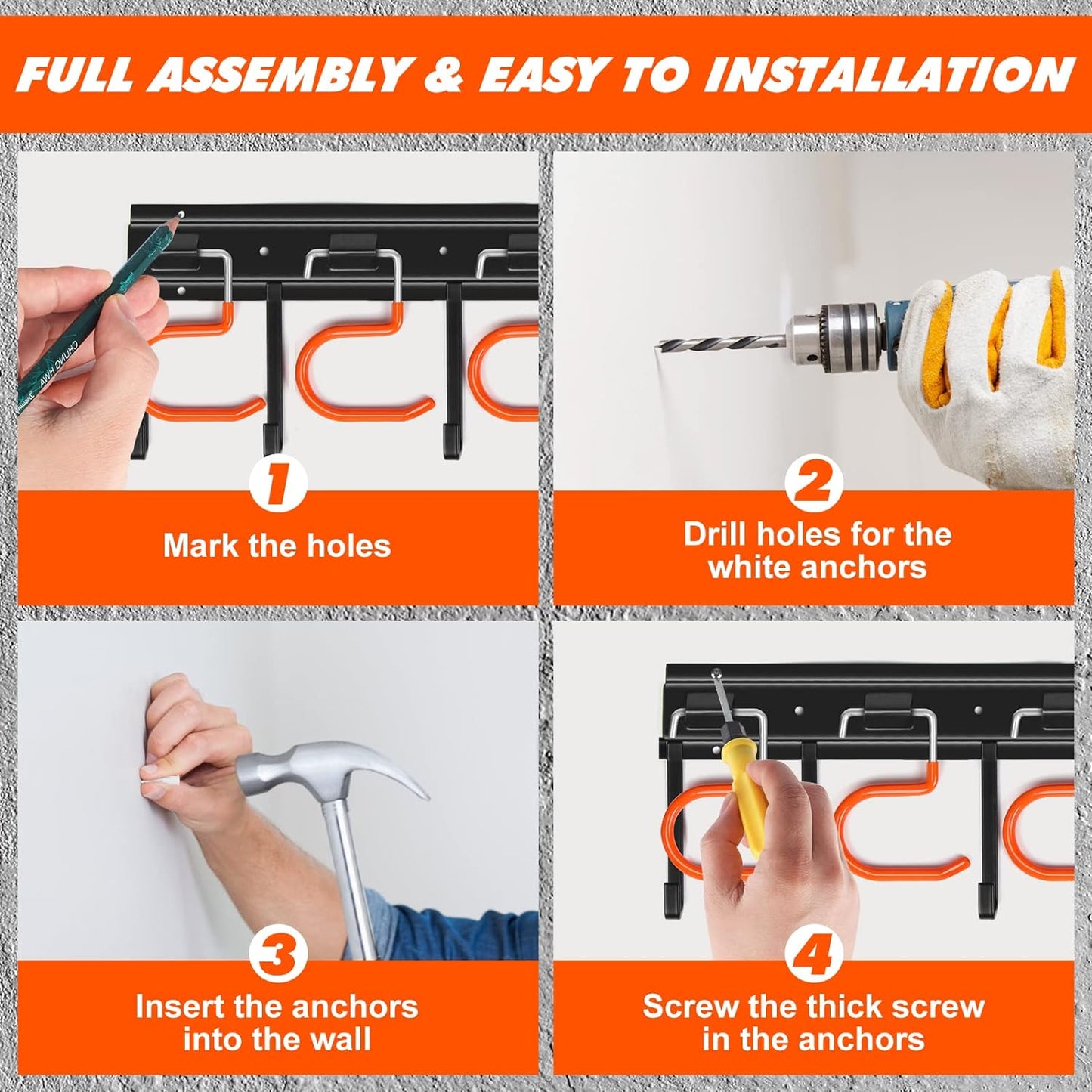 17'' All Metal Garden Tool Organizer Adjustable Garage Tool Organizer Wall Mount Garage Organizers and Storage with Heavy Duty Hooks Tool Hangers for Garage Wall, Shed, Garden