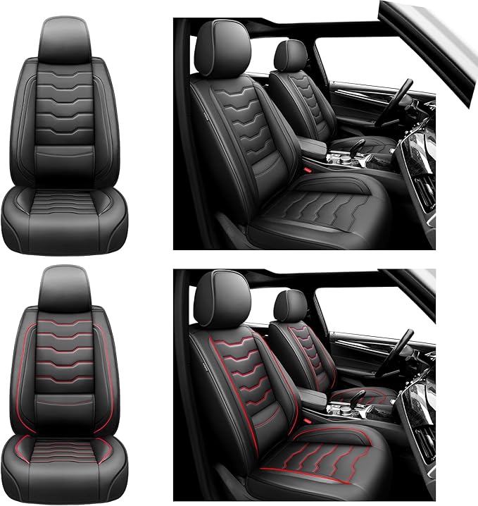 Fit Versa Car Seat Covers Compatible with Nissan Versa 2008-2025 2026 - Full Set Premium Leather， Waterproof Breathable， All-Weather Seat Cushion Protecto&Airbag Compatible（Red Line Black