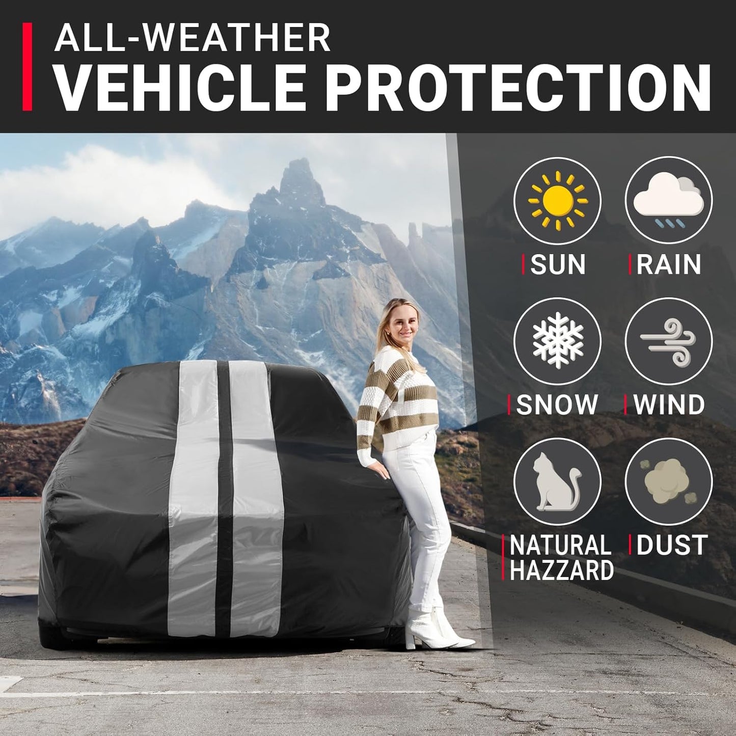 iCarCover Premium Plus Car Cover for 1968-1972 Chevy El Camino Waterproof All Weather Rain Snow UV Sun Hail Protector for Automobiles, Full Exterior Indoor Outdoor Car Cover (Stripe - Black/Gray)