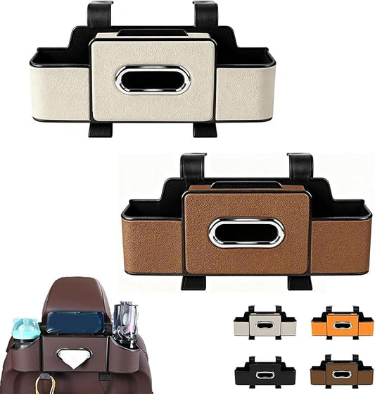 Car Organizers and Storage Box Behind Seat, Car Organizer Back of Seat, 4 in 1 Multifunctional Cars Organizer, For Snacks, Drinks, Bag Hook, Keep Tidy & Organized (White+Brown)