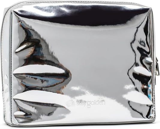 Stay Golden Insulated Waterproof Makeup Bag for Women Heat-Resistant Travel Cosmetic & Toiletry Bag | Luxurious Vegan Leather Portable Makeup Organizer (Metallic Silver - Silver Zipper, Medium)