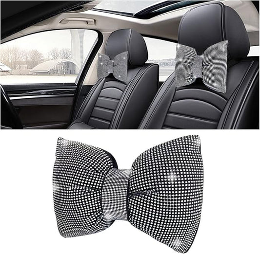 1 PCS Rhinestone Car Headrest Neck Pillow, Auto Headrest Cushion for Driving Seat, Bling Crystal Diamond Bow Neck Support Relax Pillow, Car Interior Accessories for Women Girly (White)