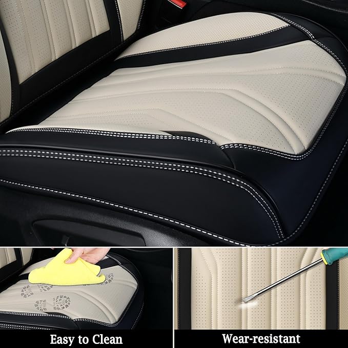 FLORICH Seat Covers for Cars, Waterproof Seat Covers, Leather Car Seat Covers 2 Pack, Universal Seat Cushion Protector for Most Cars Trucks SUV-Black&Beige