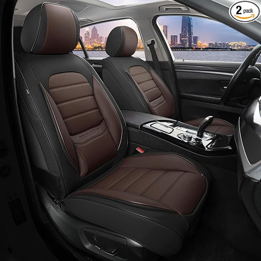 Front Car Seat Covers, 2Pcs Universal Leather Car Seat Covers, Full Coverage Waterproof Automotive Seat Covers, Breathable Car Seat Protector for Most Trucks SUVs Sedans, Black&Brown