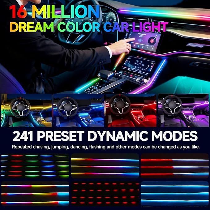 Acrylic Interior Car LED Strip Light with APP Remote Control,175 inches 10 in 1 RGB Dreamcolor Neon Strip Fiber Optic LED Ambient Lighting Kits,RGB Music Lights Sync for Inside car Decorations