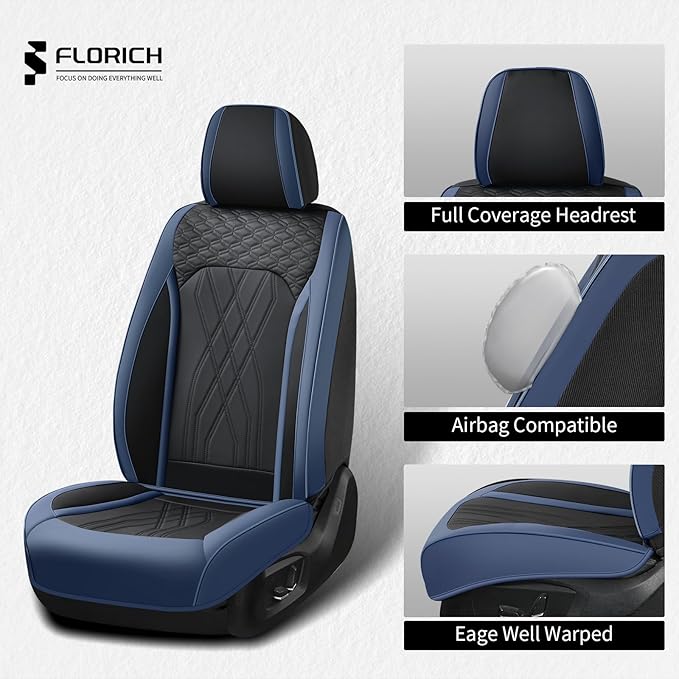 FLORICH Seat Covers Full Set Leather Cars Seat Cover Front and Rear 5 Seats Full Coverage Seat Cushion Protector Waterproof Automotive Interior Cover Universal Fit for Most Cars Trucks SUV, Black&Blue