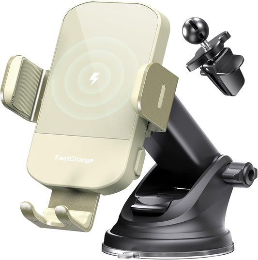 CHGeek Wireless Car Charger, 15W Fast Charging Auto Clamping Car Charger Phone Mount Phone Holder fit for iPhone 15 14 13 12 11 Pro Max Xs, Samsung Galaxy S25 Ultra S24 S23 S22, S21, S20, Khaki
