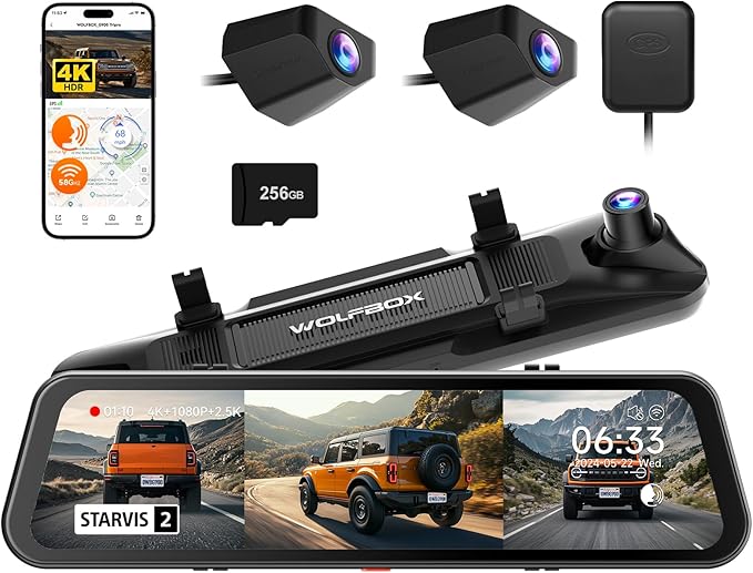 WOLFBOX G900 Tripro Bumper Version 3 Channel 4K Mirror Dash Cam, 8MP STARVIS 2 IMX678 Night Vision, 4K+2.5K+1080P Front and Rear Bumper Dash Cam, 5.8GHz WiFi, Voice Control, Includes 256GB Card & GPS