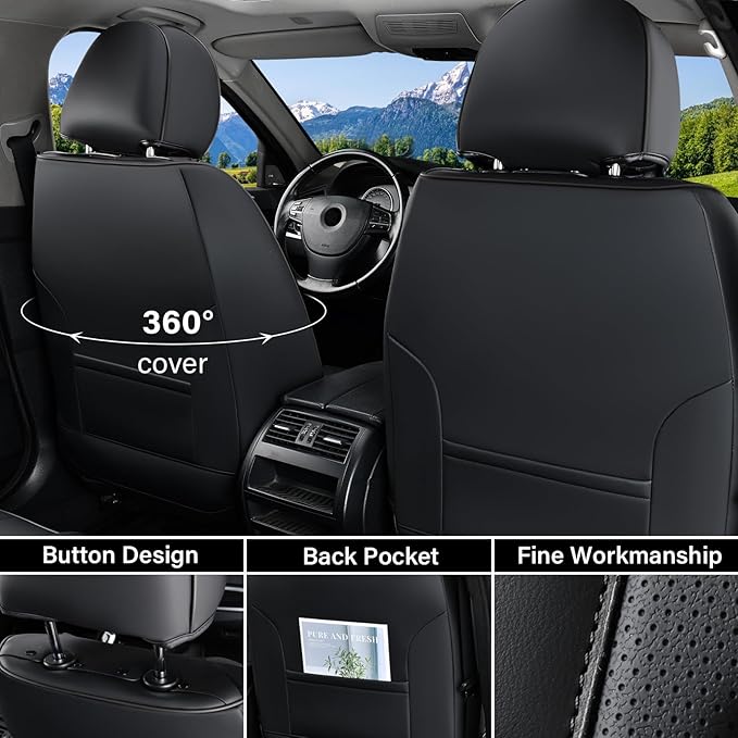 Coverado Car Seat Covers Full Set, Luxury Nappa Leather Seat Cover, Universal Seat Covers for Cars, Front and Back Waterproof Seat Cover Car Seat Protector Fit for Most Cars(Black)
