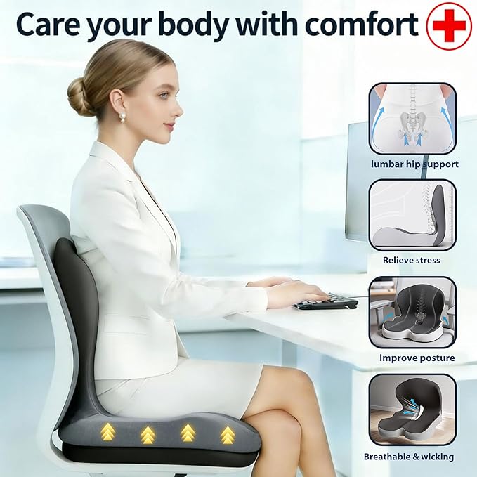 Onever Ergonomic Memory Foam Seat Cushion, Lumbar Support Non Slip for Truck Driver Long Driving Office Chair Back Tailbone Pain Relief Black