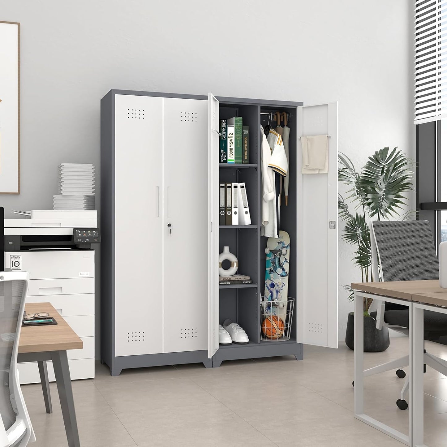 GREATMEET 65" Garage Storage Cabinet, Broom Closet Storage Cabinet, Metal Cabinets with Doors and Shelves, Utility Closet for Brooms and Mops, Utility Cabinets for Storage, Grey&White