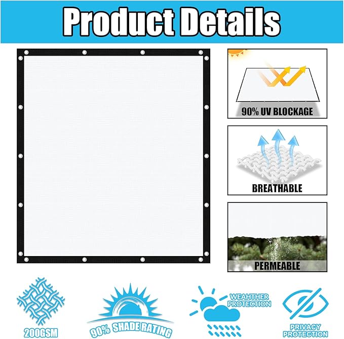 Amagenix 90% Pergola Shade Cover 11' X 11' Sun Shade Cloth with Grommets for Outdoor Garden Patio Porch, Commercial Grade 200 GSM - Cable Zip Ties Included (We Customized) GN108, White