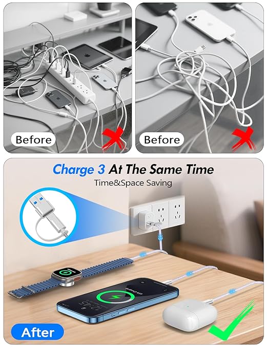 2Pack Multi Charging Cable Cord for Travel Essentials,Apple Watch Charger,iPhone Charger,[3-in-2] Type C/Lightning Cable Portable Designed for iWatch,iPhone 17-8,Galaxy S25-21,AirPods,iPad-1.5M Purple