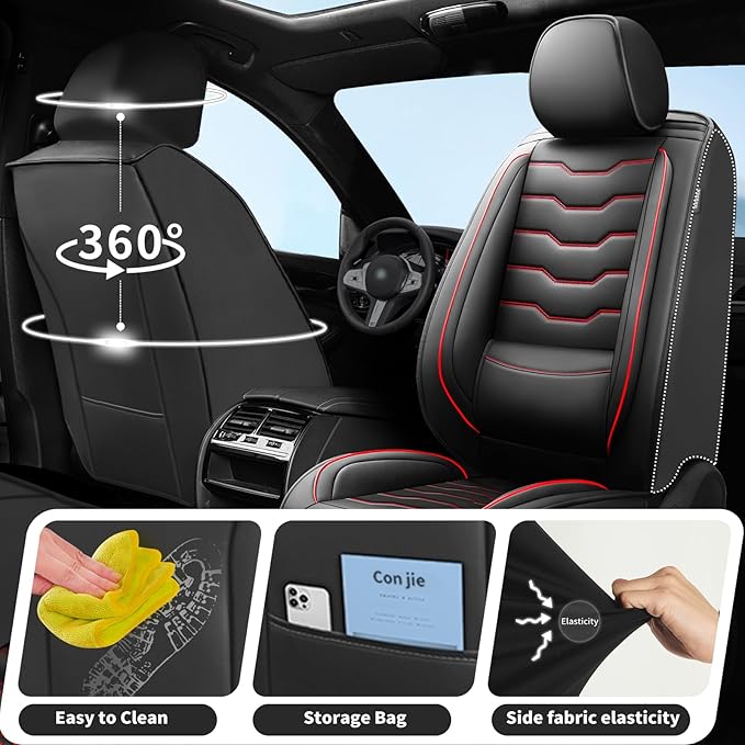 Fit Juke Car Seat Covers Compatible with Nissan Juke 2012-2015 2016 - Premium Leather，Waterproof Breathable，All-Weather Seat Cushion Protecto&Airbag Compatible (2 Front Seat Red Line Black)