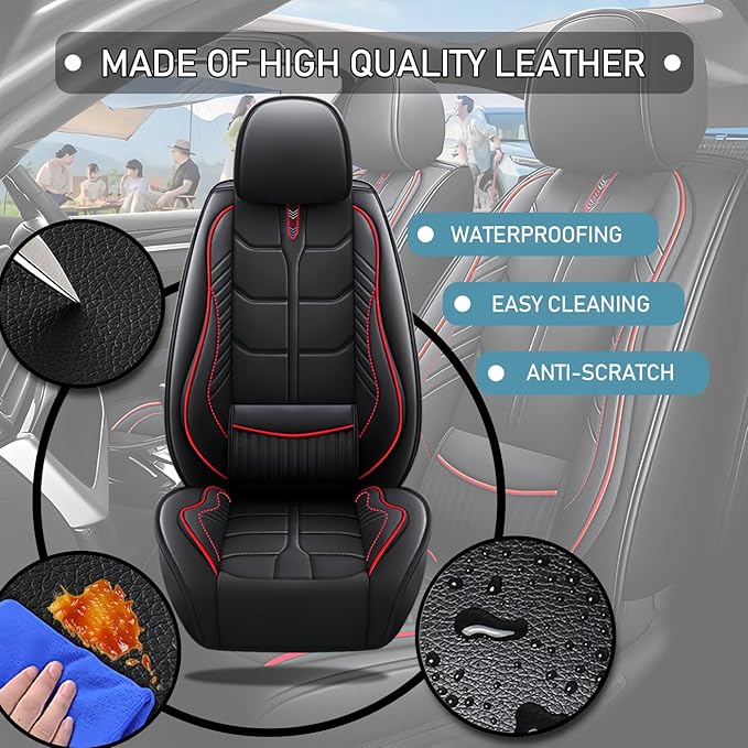 Leather Car Seat Covers Fit for Toyota Highlander 2001-2024, 5 Seater Car Seat Cover, Premium Waterproof, Scratch Resistant Car Interior Accessories (Full Set Black Red)