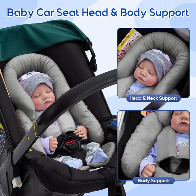Baby Car Seat Head Support for Doona Stroller, Thickened Infant Carseat Head Support with 3 Strap Covers, Reversible Car Seat Insert for Newborn, Baby Car Seat Cushion with Filled Natural Cotton
