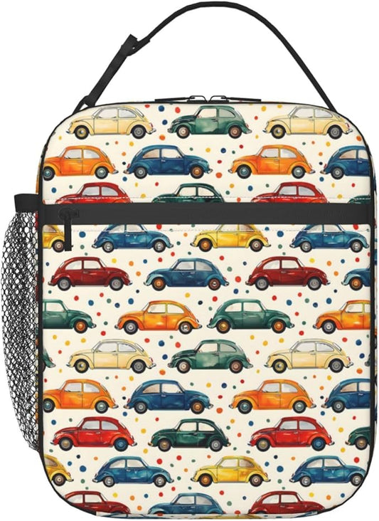 Car Theme Lunch Box for Women Adults Kids, Insulated Cooler Polyester Vintage Classic Cars Lunch Bag for Picnic, School, Office, Travel, Work, Portable Reusable Tote Thermal Lunch Bags