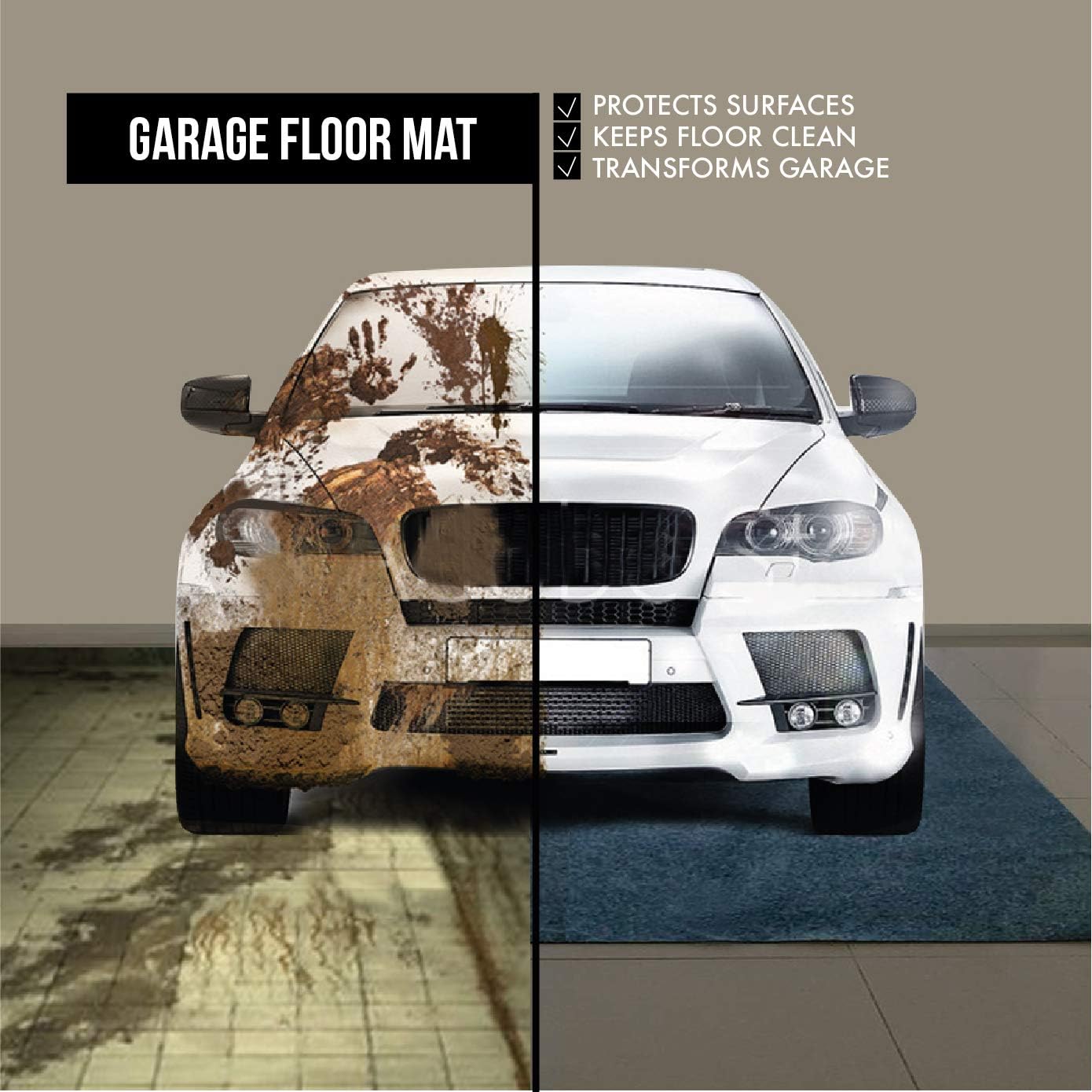 Large Garage Floor Mat, 2 Rolls (7.4’ x 8.4’ Each), Heavy Duty Waterproof Protector, Non-Slip Rubber Backing for Cars, Vehicles, Basements, and Home Gym