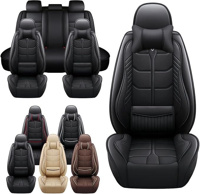 Leather Car Seat Covers Fit for Toyota Tacoma 2005-2024, 5 Seater Car Seat Cover, Premium Waterproof, Scratch Resistant Car Interior Accessories (Full Set with Pillow Black)