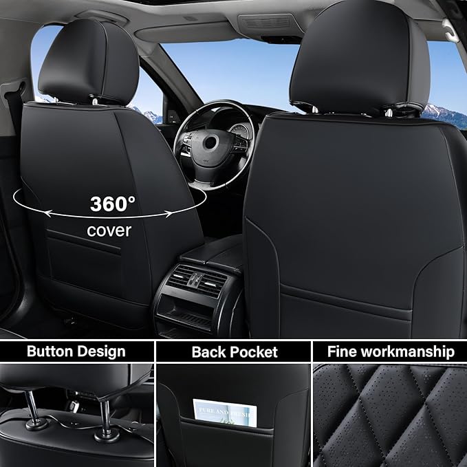 Coverado Car Seat Covers Full Set, Black Seat Covers, Waterproof Faux Leather Car Seat Cover, Luxury Car Seat Cover, Automotive Seat Covers 5 Seats, Car Seat Protector Universal Fit Most Cars