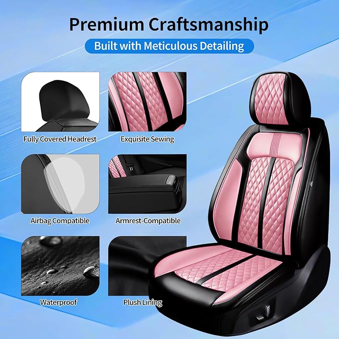 Fit Civic Car Seat Covers for Honda Civic 2020-2026 Sedan(Not for Coupe) - Premium Full Coverage Leather, Waterproof All Weather Breathable Seat Cushion Protector, Front Pair Black+Pink