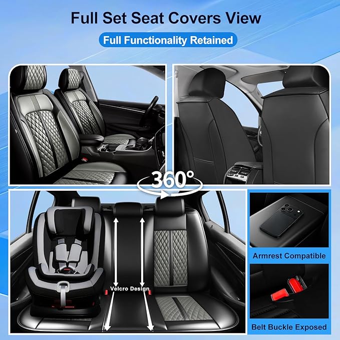 Fit Ridgeline Car Seat Covers for Select Honda Ridgeline 2007-2026 - Premium Full Coverage Leather, Airbag Compatible, Waterproof & All Weather Seat Cushion Protector, Front Pair Black+Gray