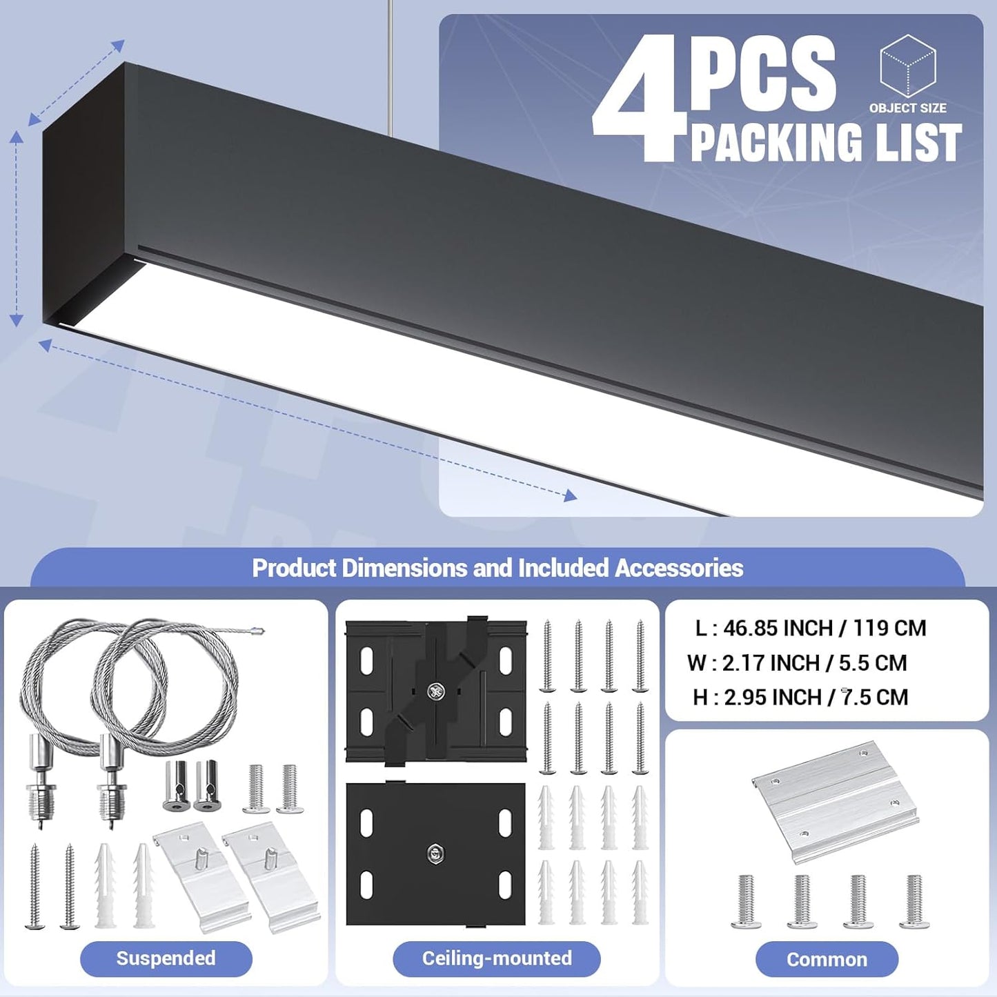 4FT LED Linear Lights 50/45/40/35/30W Up and Down Light, 3000/4000/5000K 4 Feet Commercial Shop Lighting for Office Garage Basement Shop Dining Room bar, Dimmable 4’ Architectural Fixture-4Pack