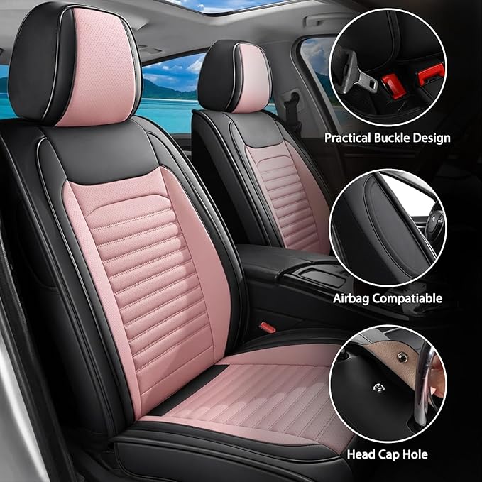 Car Seat Covers Full Set Fit for Toyota RAV4 2001-2025, Premium Faux Leather Car Seat Protector,Breathable Anti-Slip Full Wrapping Edge Seat Covers(Black&Pink,Full Set)