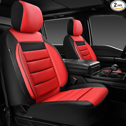 CAR PASS Leather Car Seat Covers Front Seats Only, Universal Fit Automotive Interior Waterproof 3D Foam Back Support Car Seat Covers for Trucks Vans and SUVs Airbag Compatible 2 Pieces （Black Red