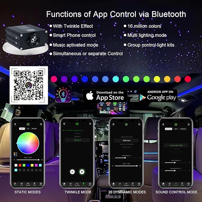 AKEPO Small Size 16W RGBW APP Twinkle Fiber Optic Lights, Sound Activated 500pcs(0.03+0.04+0.06in) 9.8ft/3m Optical Fiber Star Ceiling Light Kit for Car Truck Starlight Headliner/Home