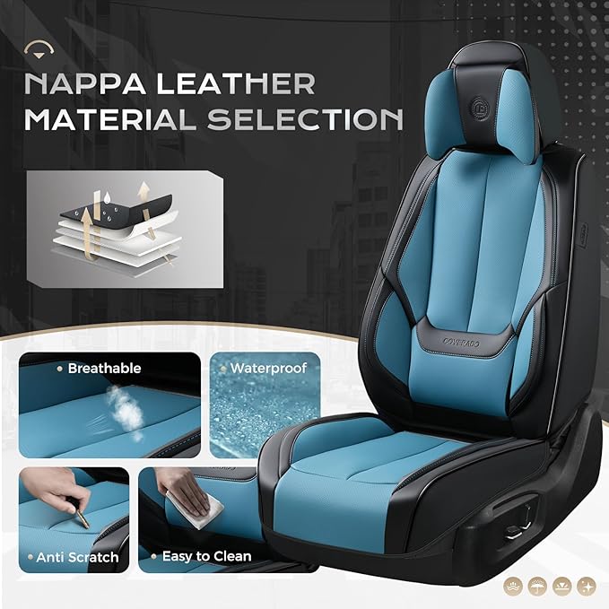 Coverado Seat Covers Full Set, Seat Covers for Cars, 5 Seats Waterproof Nappa Leather Car Seat Covers with Head Pillow, Seat Protectors Car Seat Cushion Universal Fit for Most Cars (Black&Blue)